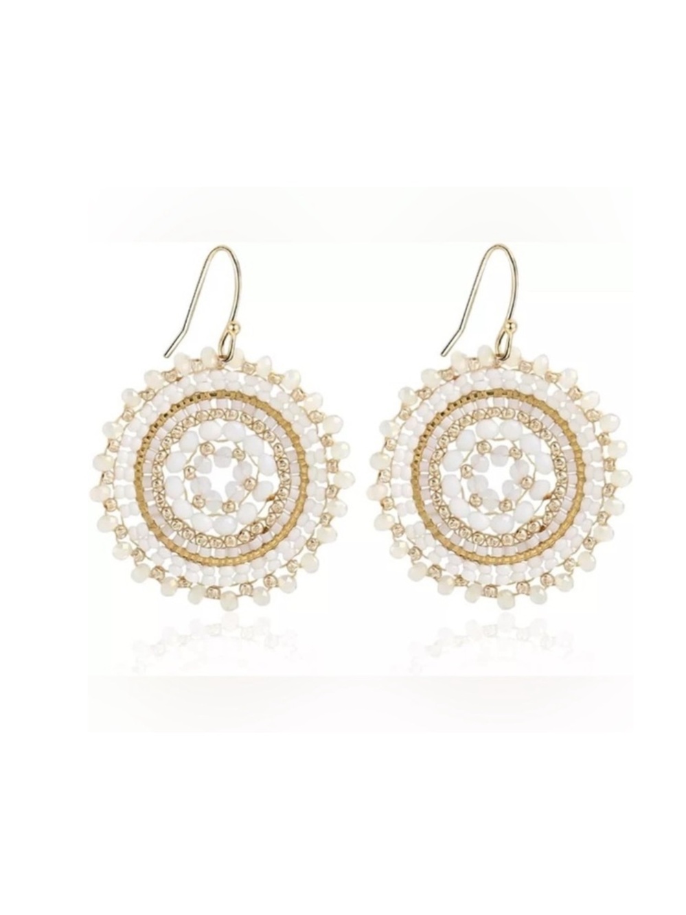 Bohemian Beaded Crystal Gem Boho Summer Vacation Hanging Earrings White and Gold